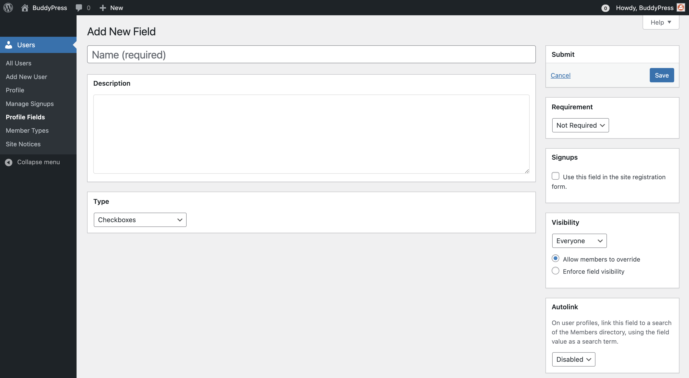 New xProfile field form